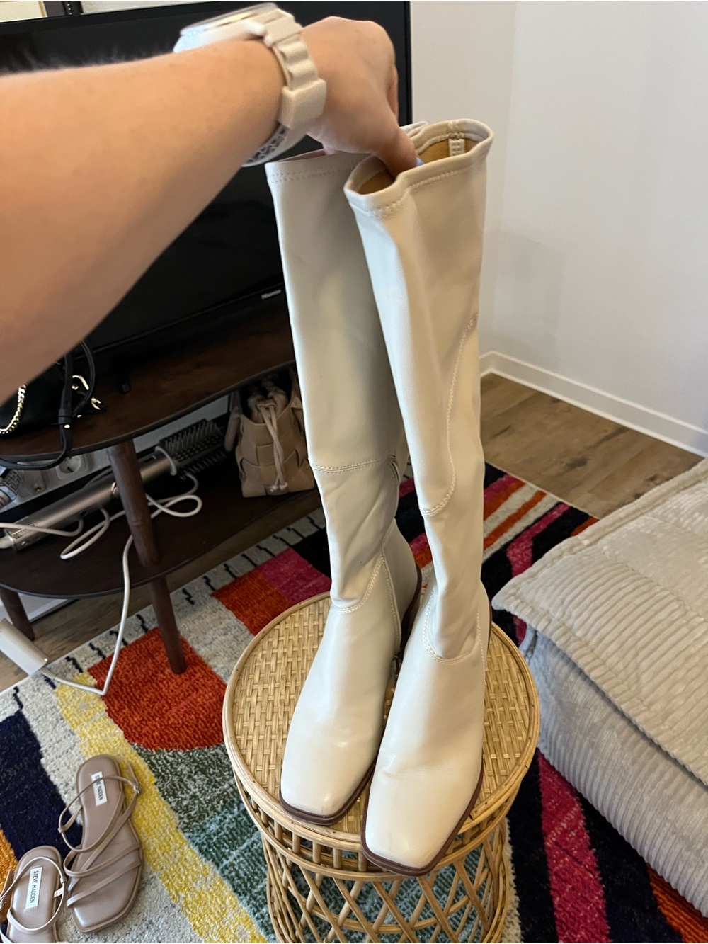 Franco Sarto Cream Knee High Block Heel Boots - Picture 3 of 4
